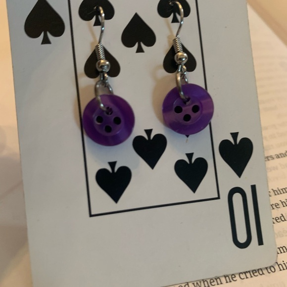 Handmade Purple Button Dangling Earrings - Picture 6 of 6